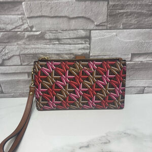 Michael Kors Double Zip Wallet/Wristlet 3D Logo Brown Red Pink